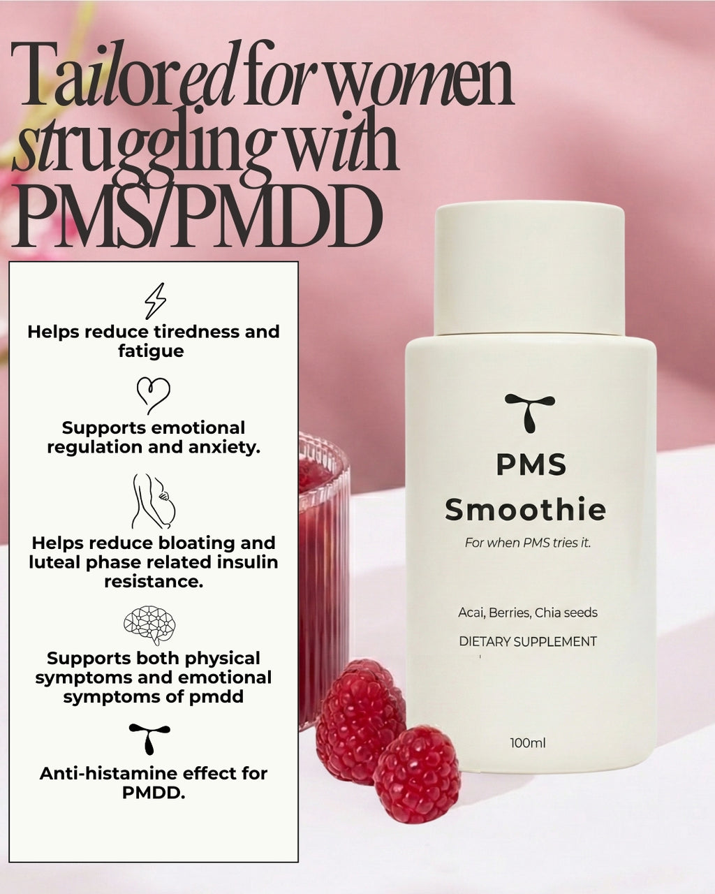 PMS Smoothie dietary supplement bottle with text on a pink background