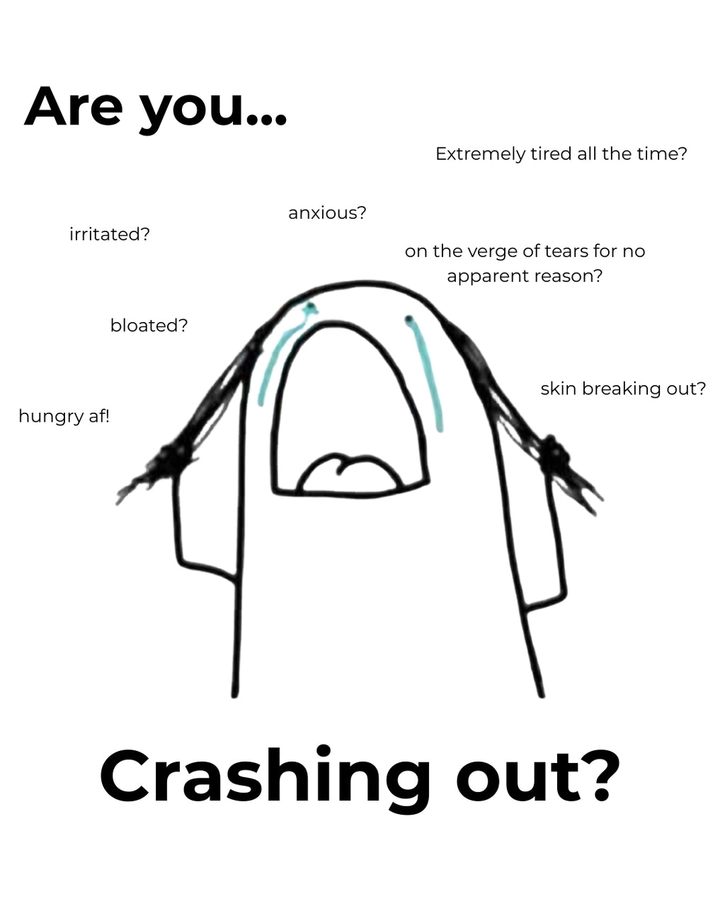 Diagram of a person with various symptoms and the question 'Are you crashing out?'