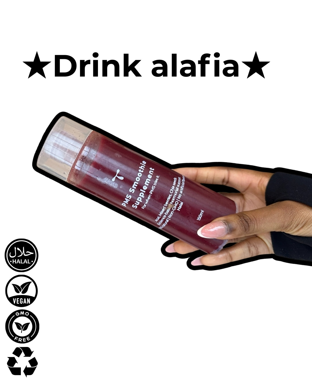 Hand holding a bottle of 'Drink alafia' supplement with brand name and product details on a white background.