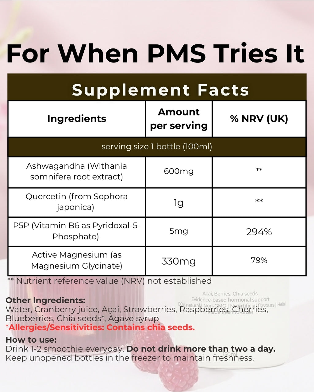 Supplement facts label for a PMS relief supplement with ingredients and nutritional information.