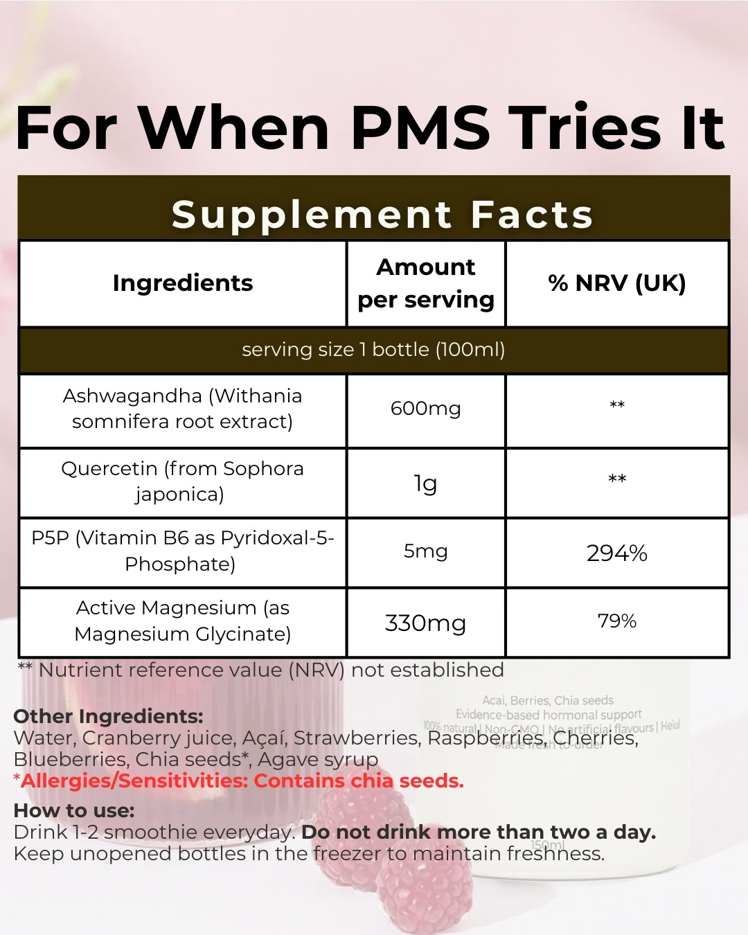 Supplement facts label for a PMS relief supplement with ingredients and nutritional information.